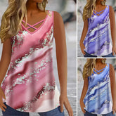 Marble Print Tank Top Casual Criss Cross Sleeveless V Neck Top For Summer & Spring Women Clothing - Xprespick